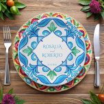 Aqua Blue Talavera Fliesen mit Monogramm Hochzeit Pappteller<br><div class="desc">Hochzeitsmenükarten Mexican Talavera mit Monogramm Hochzeitszeitung Teller Vorlage Aqua Blue Azulejo Talavera Spanisch Mexikanische Fliesen elegante Hochzeitsfeier Teller,  lebhafte,  fette Farben personalisierte Papier Teller personalisiert Hochzeitsempfang Dekoration personalisierte Teller</div>