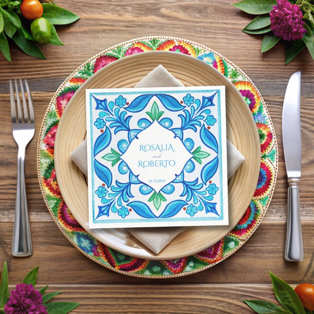 Aqua Blue Talavera Fliesen mit Monogramm Hochzeit Serviette (Aqua Blue Talavera tiles monogrammed wedding Napkins template vintage Mexican wedding table decor)