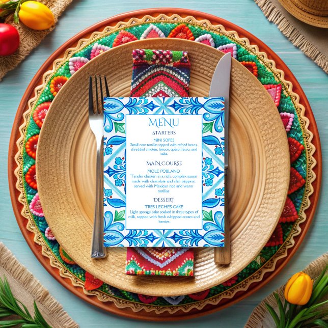 Aqua Blue Talavera tuiles menu mariage (Aqua Blue Talavera tiles vintage Mexican wedding menu cards personalized wedding reception decor)