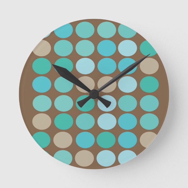 Aqua Blue Teal & Brown Dots Pattern Modern Runde Wanduhr (Vorderseite)