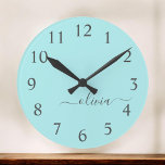 Aqua Blue Teal Modern Script Girly Monogram Name Große Wanduhr<br><div class="desc">Aqua Blue Teal Simple Script Monogram Name Clock. This makes the perfect sweet 16 birthday,  wedding,  bridal shower,  anniversary,  baby shower or bachelorette party gift for someone that loves glam luxury and chic styles.</div>