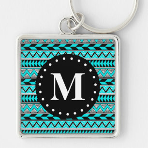 Aqua Blue Tribal Zickzack Muster Monogram Schlüsselanhänger