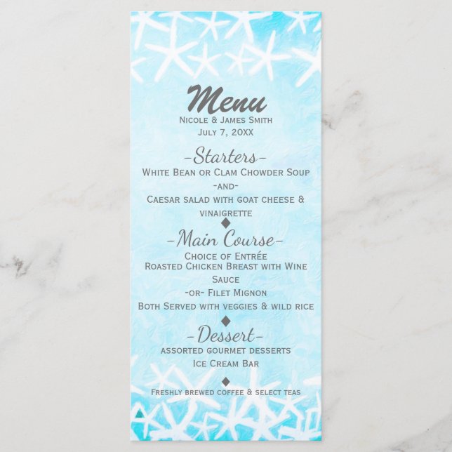 Aqua Blue Tropical Beach Hochzeit mit bemalten Sta Menükarte (Vorderseite)