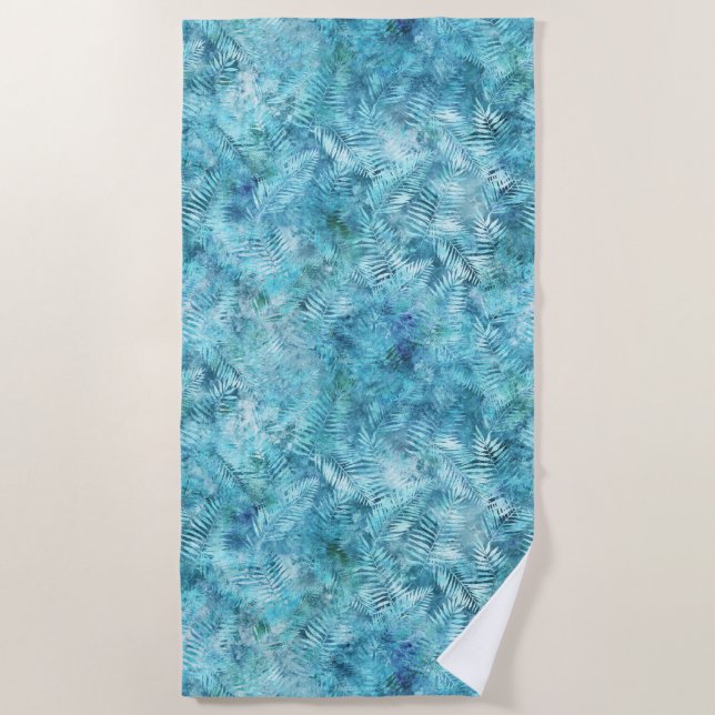 Aqua Blue Tropical Blätter Strandtuch (Vorderseite)