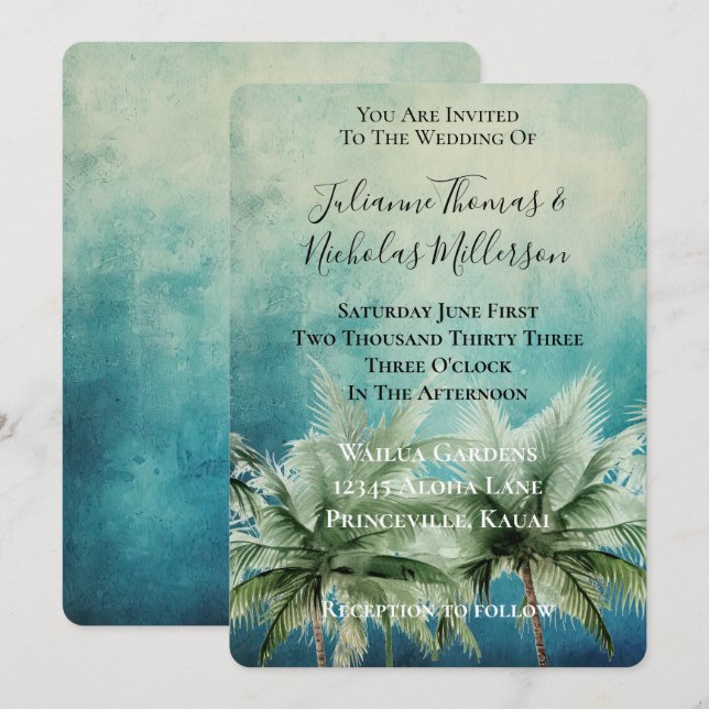 Aqua Blue Tropical Palm Trees Wedding Einladung (Vorne/Hinten)