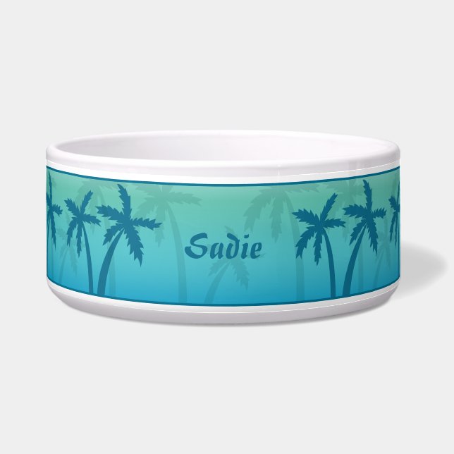 Aqua Blue Tropical Palmen und Individuelle Name Napf (Vorderseite)