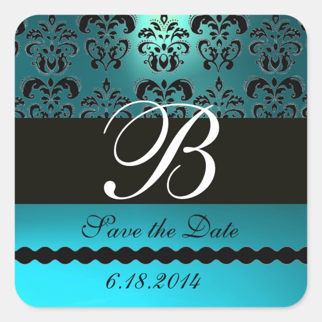 AQUA BLUE TURQUOISE AQUAMARINE DAMASK MONOGRAMM QUADRATISCHER AUFKLEBER (Vorderseite)