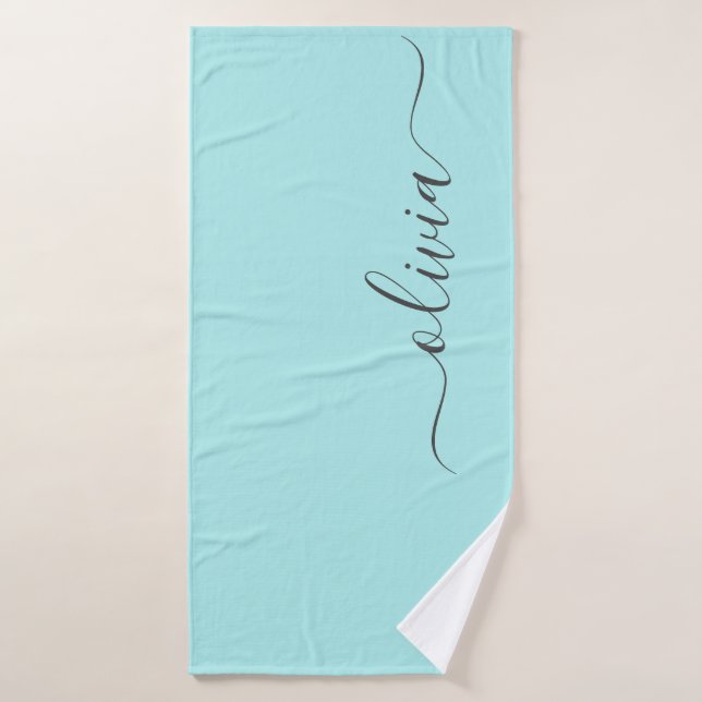 Aqua Blue Turquoise Moderne Script Girl Monogramme (Serviette de bain)