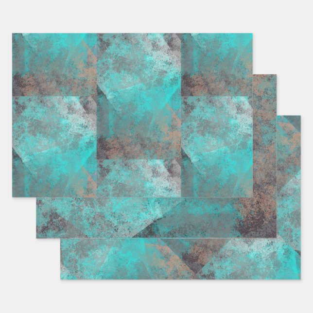 Aqua Blue Turquoise N Gray Distressed Abstrakt Geschenkpapier Set (Set)