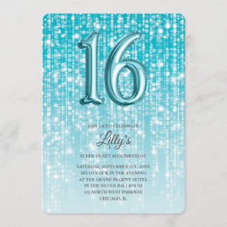 Aqua Blue Twinkle Light Foil Ballon 16. Geburtstag Einladung