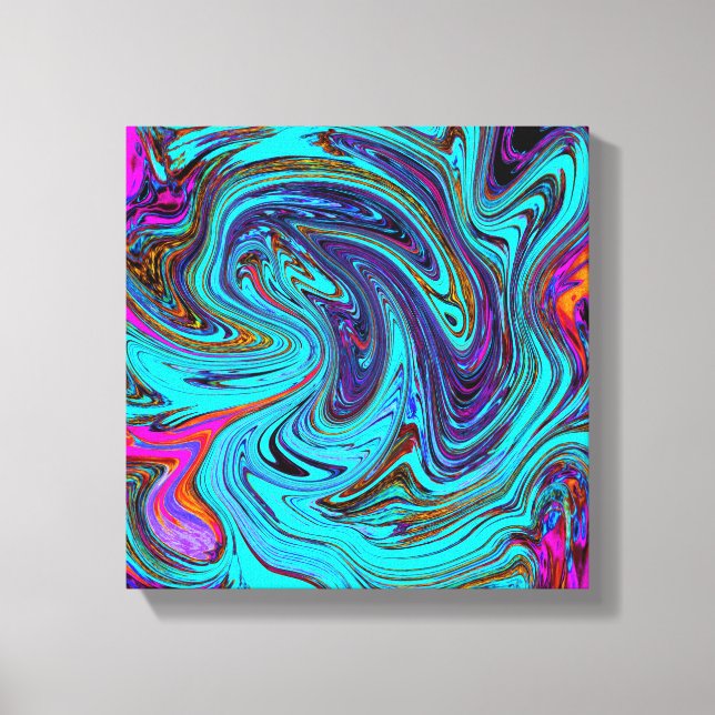 Aqua Blue und Black Groovy Abstraktes Retro Kunst, Leinwanddruck (Vorderseite)