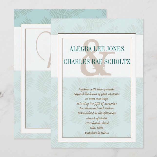 Aqua Blue und Brown Blätter Hochzeit Einladung (Vorne/Hinten)