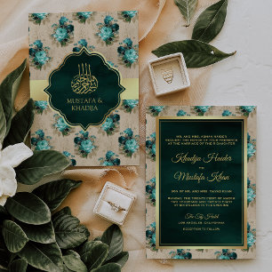 Aqua Blue und Emerald Green Floral muslimische Hoc Einladung