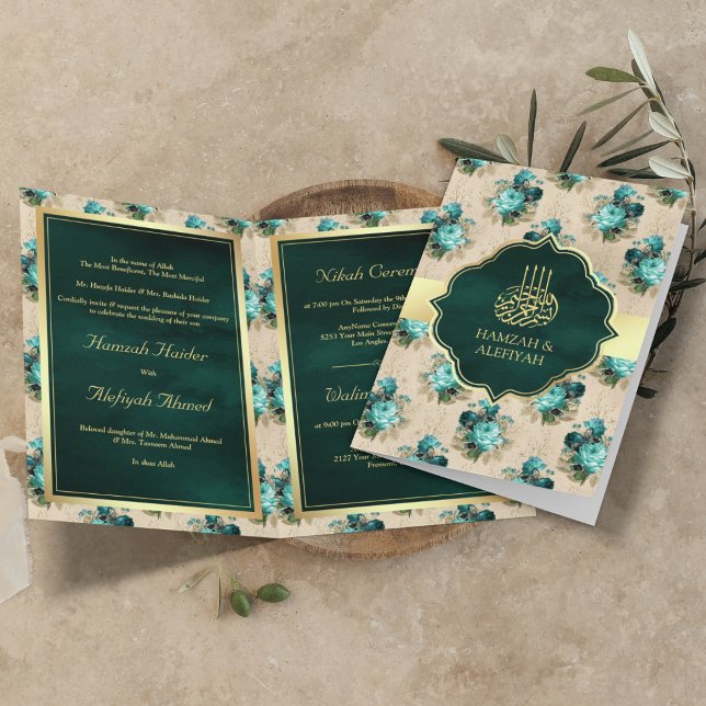 Aqua Blue und Emerald Green Floral muslimische Hoc Einladung (Von Creator hochgeladen)