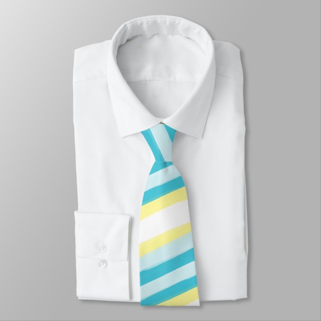 Aqua Blue und Gelb Diagonal Striped Men Krawatte (Gebunden)