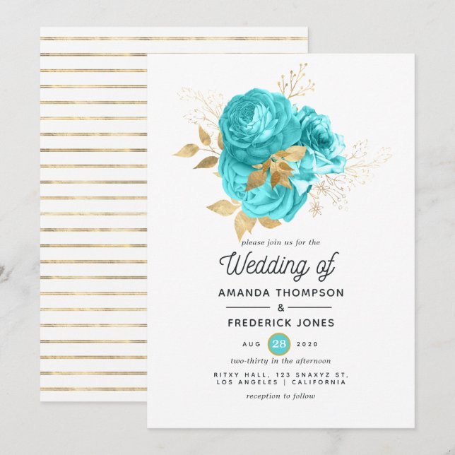 Aqua Blue und Gold Floral Wedding Einladung (Vorne/Hinten)