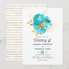 Aqua Blue und Gold Floral Wedding Einladung