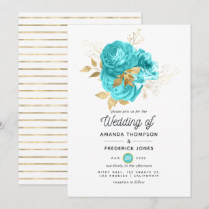 Aqua Blue und Gold Floral Wedding Einladung