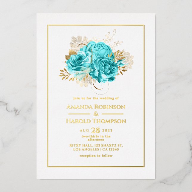 Aqua Blue und Gold Floral Wedding Folieneinladung (Vorderseite)