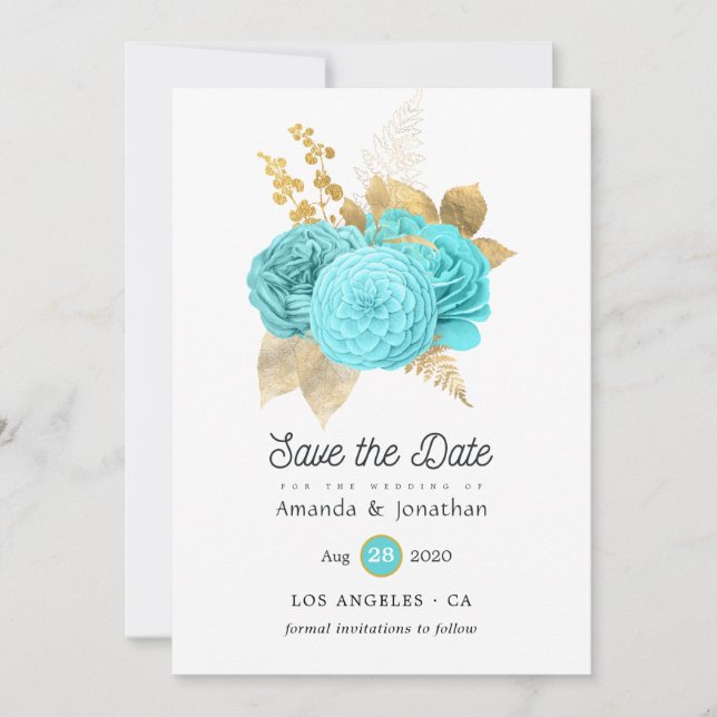 Aqua Blue und Gold Floral Wedding Save The Date (Vorderseite)