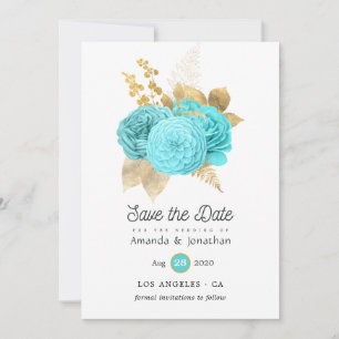 Aqua Blue und Gold Floral Wedding Save The Date
