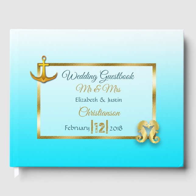 Aqua Blue und Gold Heart Wedbook Gästebuch (Vorderseite)