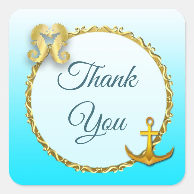 Aqua Blue und Gold Nautical Danke Stickers (Vorderseite)