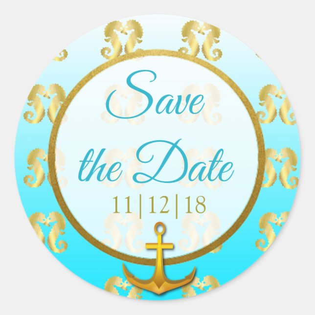 Aqua Blue und Gold Seepferd Save the Date Stickers (Vorderseite)