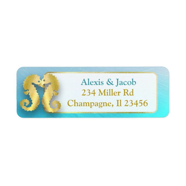 Aqua Blue und Gold Seepferde Küssen Rückgabeschild (Vorne)