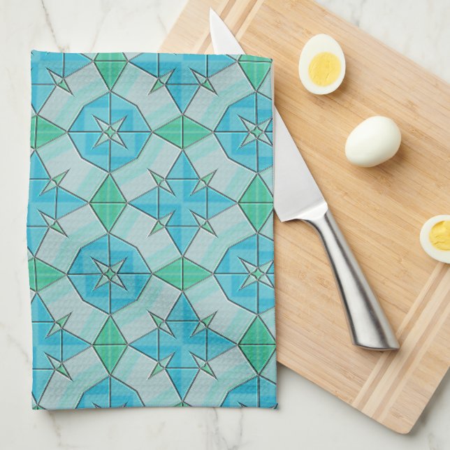 Aqua Blue und Green Geometric Tiled Pattern Handtuch (Viertel Falte)