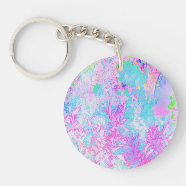 Aqua Blue und Hot Pink Hydrangea Landschaft Schlüsselanhänger (Vorderseite)