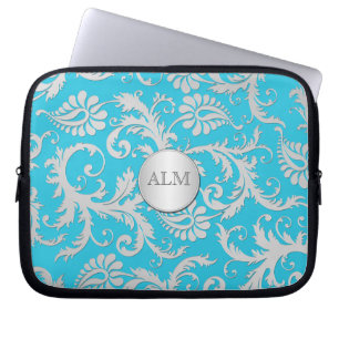 Aqua Blue und Silver Damask Laptop-Sieb Laptopschutzhülle