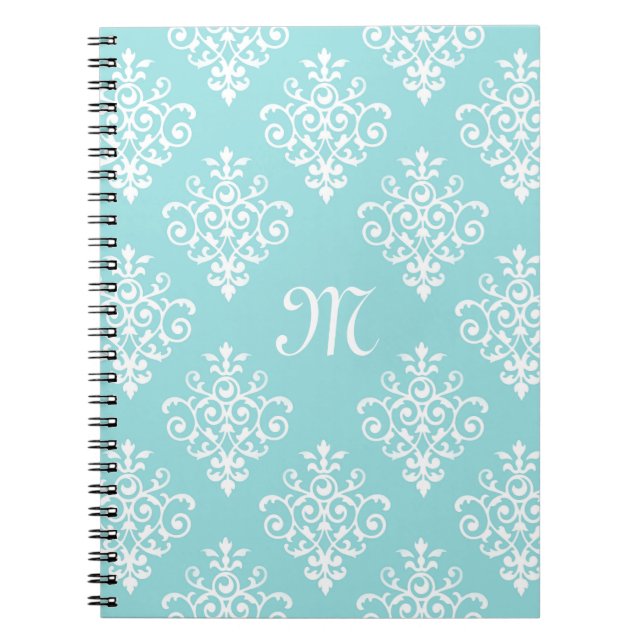 Aqua Blue und White Damask mit Monogram Notizblock (Vorderseite)