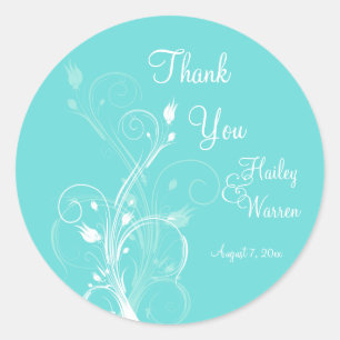 Aqua Blue und White Floral Gastgeschenk Hochzeit Runder Aufkleber
