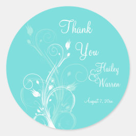 Aqua Blue und White Floral Gastgeschenk Hochzeit Runder Aufkleber
