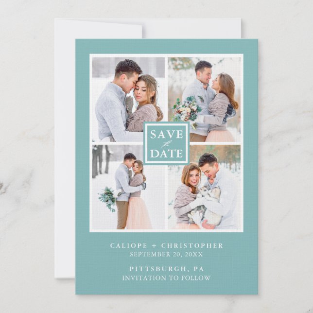 Aqua Blue und White Foto Collage Save the Date (Vorderseite)