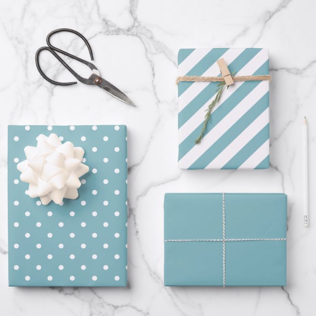 Aqua Blue und White Polka Dot and Strip Geschenkpapier Set (Vorderseite)