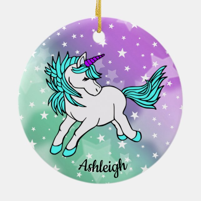 Aqua Blue Unicorn Design Keramik Keramik Ornament (Hinten)