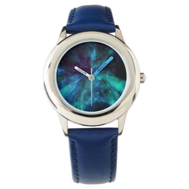 Aqua, Blue & Violet Space Nebel beobachten Armbanduhr (Vorderseite)