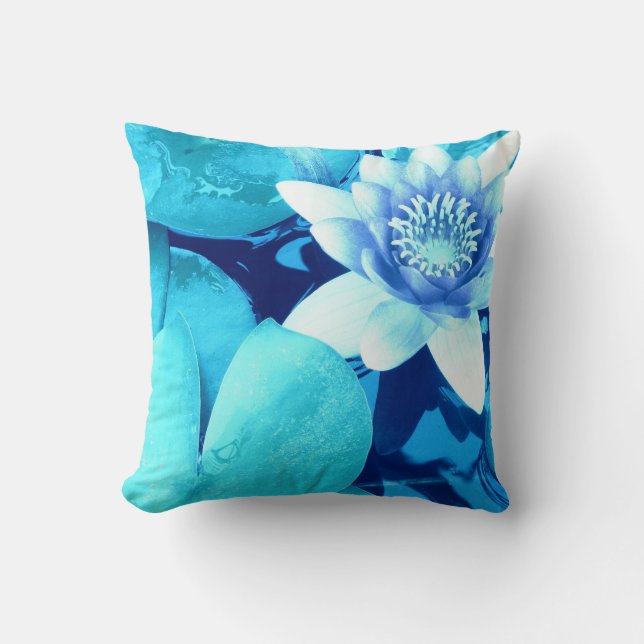 Aqua Blue Wasserlilie Throw Kissen 4 (Vorderseite)
