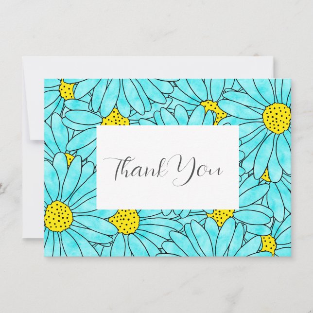 Aqua Blue Watercolor Daisy Pattern Dankeskarte (Vorderseite)