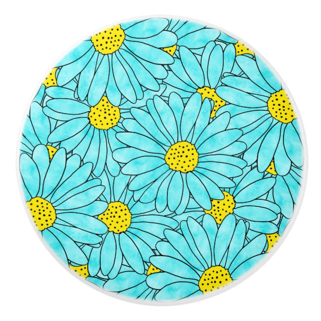 Aqua Blue Watercolor Daisy Pattern Keramikknauf (Vorderseite)