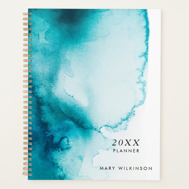 Aqua Blue Watercolor Hintergrundplaner Planer (Vorderseite)