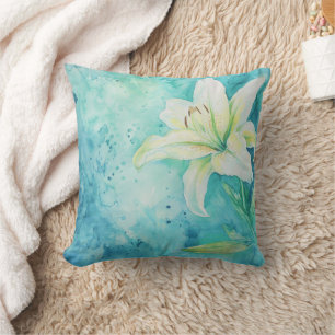 Aqua Blue Watercolor Weißer Lilienblume Kissen