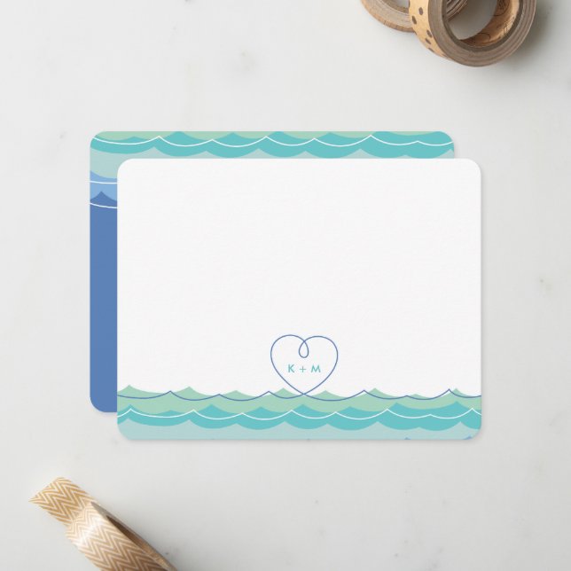 Aqua Blue Waves Loopy Heart Wedding Dankeschön Kar Mitteilungskarte (Vorderseite/Rückseite Beispiel)