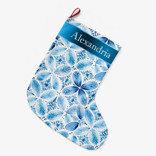 Aqua Blue White Batik Floral Weihnachtsname Großer Weihnachtsstrumpf (Vorderansicht (hängend))