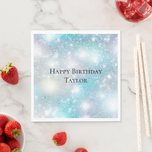 Aqua Blue White Bokeh Birthday Serviette