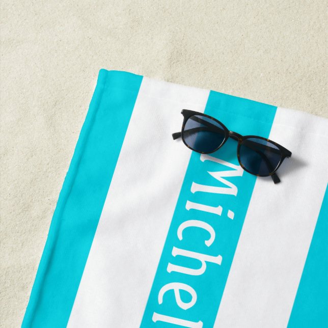 Aqua Blue White | Cabana Streifen Personalisiert Strandtuch (Beispiel)