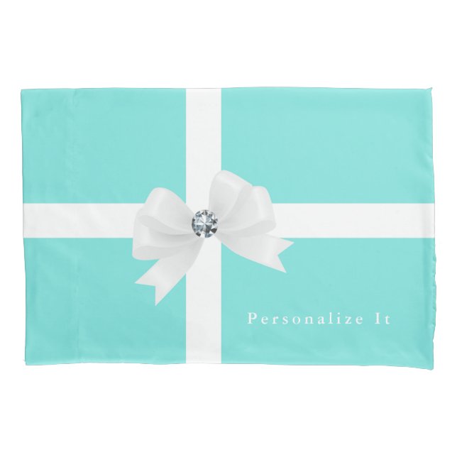 Aqua Blue & White Elegante Glam Diamant Bow Kissenbezug (Vorderseite)