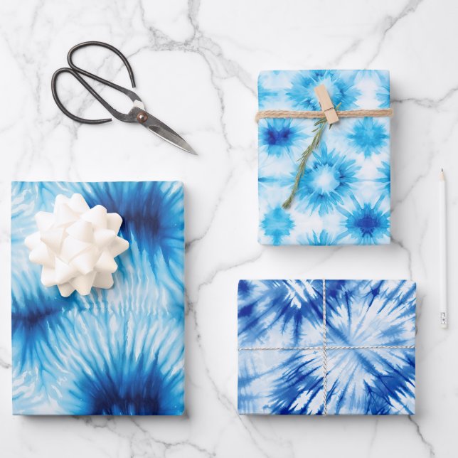 Aqua Blue White Gefärbte Krawatte Geschenkpapier Set (Vorderseite)